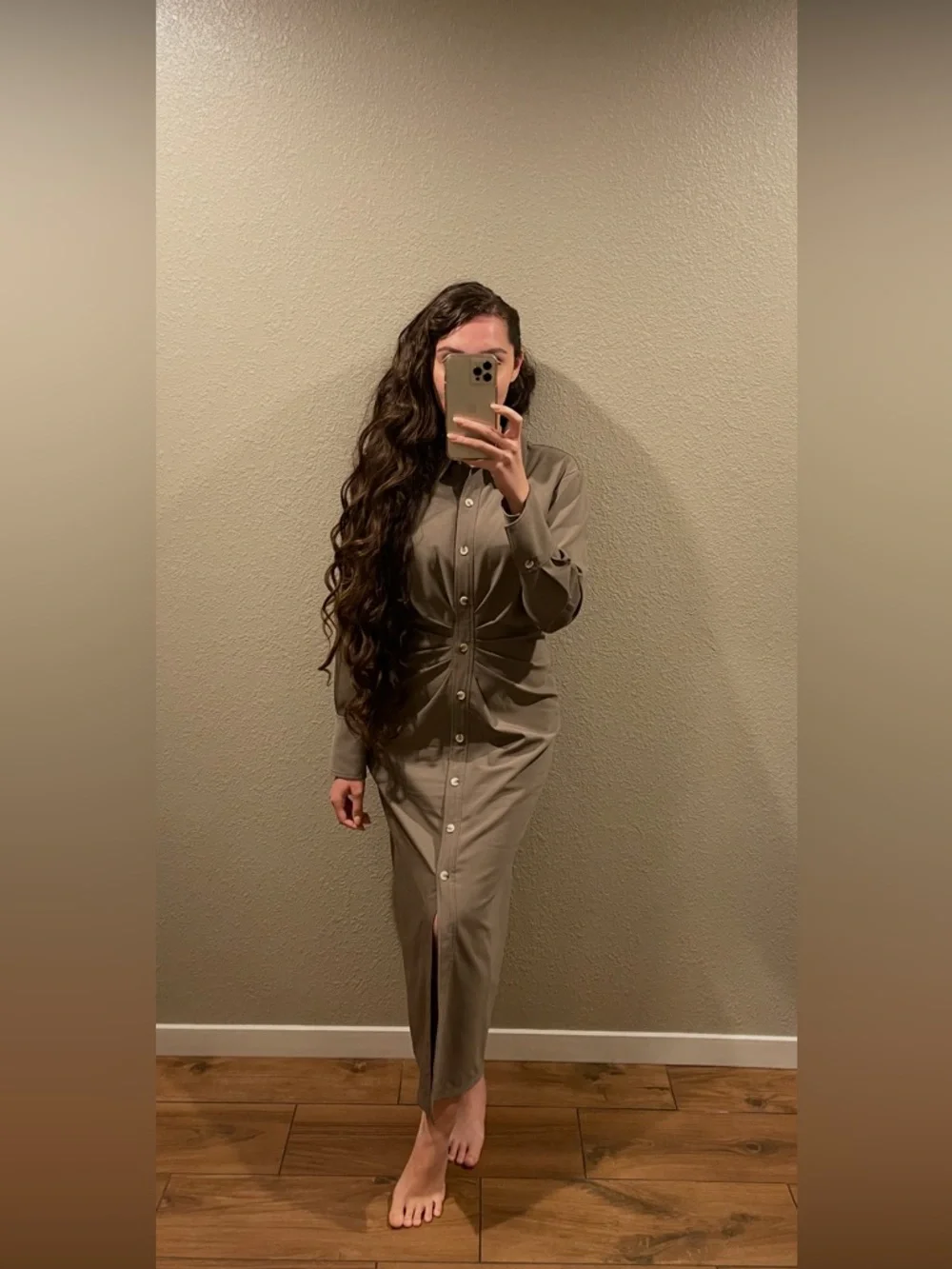 Zara Long Sleeve Twist-Front Dress - Taupe - Picture 4 of 4